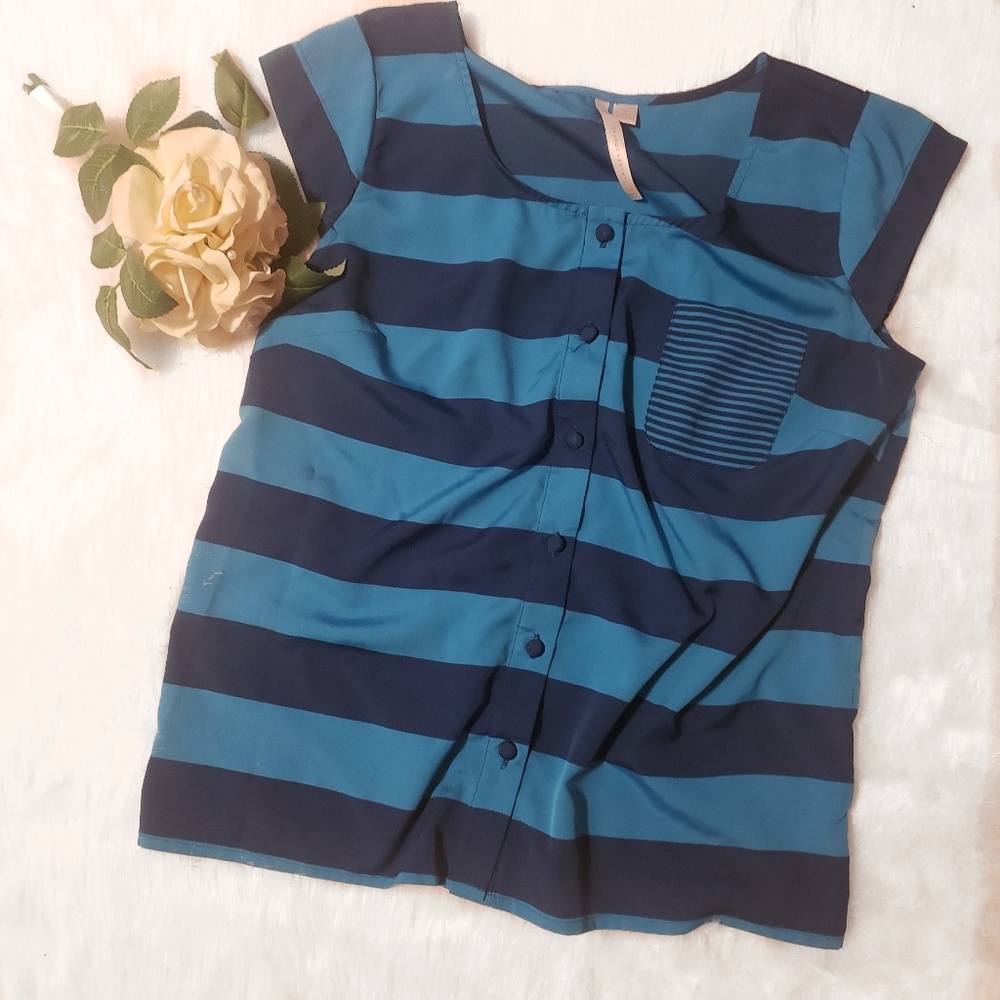 Lauren Conrad Blue Stripe Cap Sleeve Button Up Top